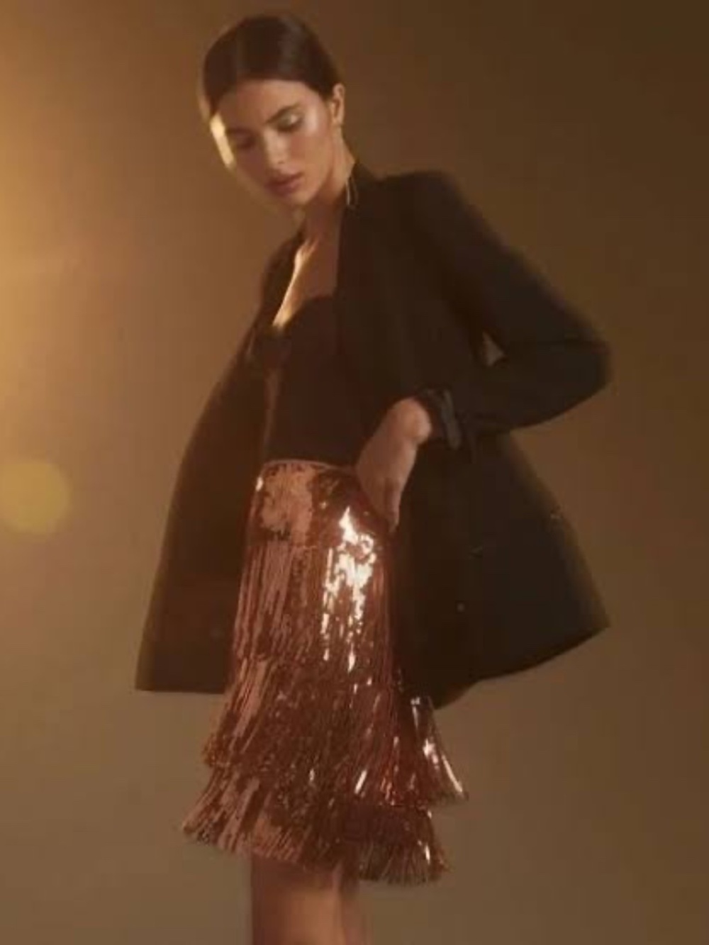 Maeve Anthropologie Rose Gold, Sequined Fringe Skirt